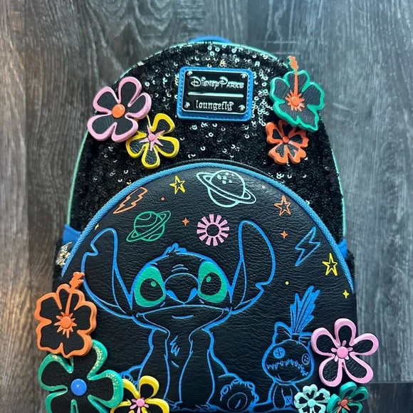 Disney Parks Loungefly Mini Backpack - Stitch 626 Day - Black Sequin - Picture 1 of 3